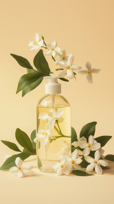 Shampoo Bottle and Jasmine Flowers