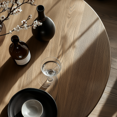 Contemporary Japanese Oak Dining Table with Tableware