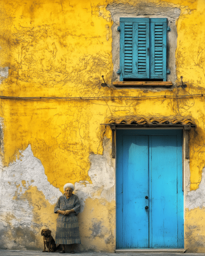 Yellow plastered wall with blue wooden door