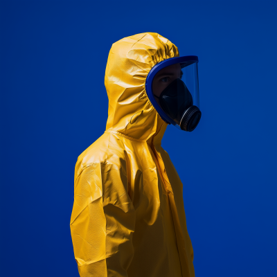 Man in Yellow Biohazard Suit on Chromakey Blue Background