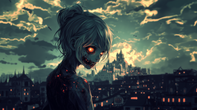 Glowing-eyed Zombie Anime Female in Castle Background