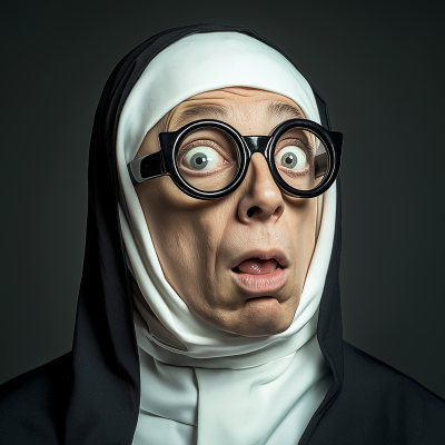 Man in nun’s outfit with cat eye glasses