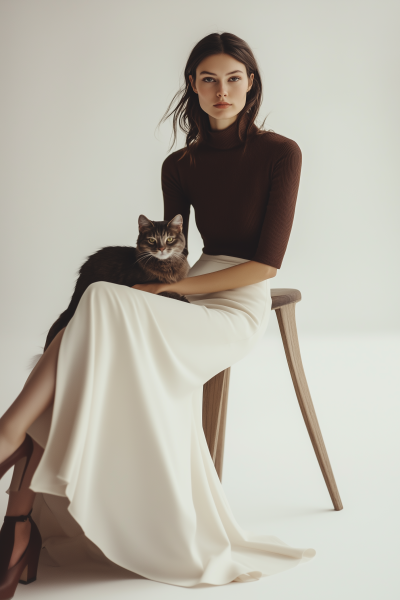 Woman Sitting with a Cat in Fashion Editorial