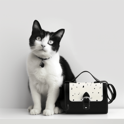 Black and White Cat Posing with Matching Handbag