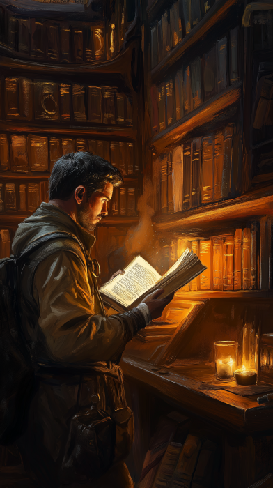 Adventurer Searching Through Bookshelf