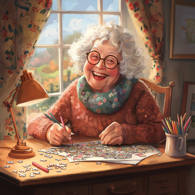 Elderly Woman at Desk Illustration