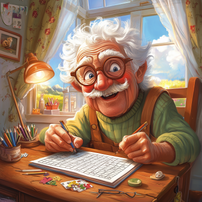 Cheerful Elderly Man Solving Crossword Puzzle