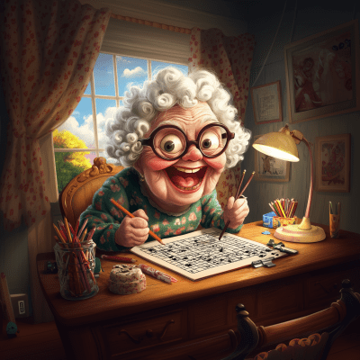 Cheerful Elderly Woman Solving Crossword Puzzle Illustration