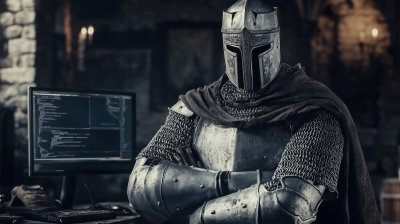 Medieval Knight Protecting Computer