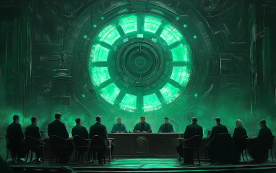 Supreme Court Justices in a futuristic hearing