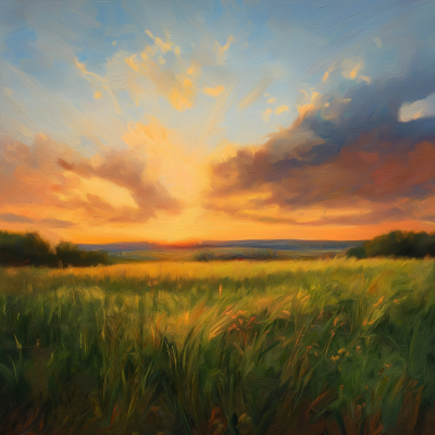 Summer Sunset over Grass Field