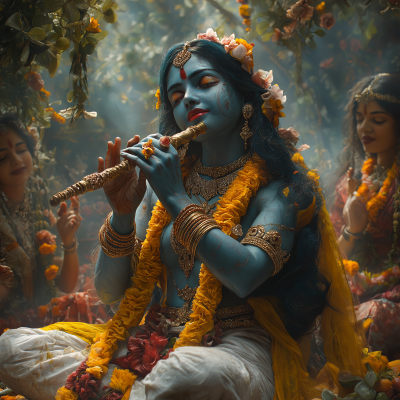 Blue God Playing Flute in Forest