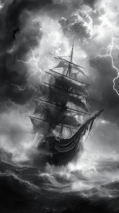 Dramatic Pirate Ship in Stormy Sea