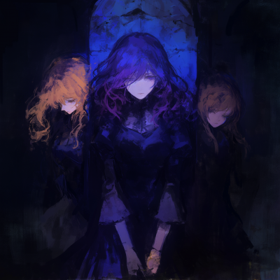 Three young girls in a dark and somber place