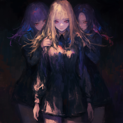 Three young girls with different hair colors in a dark, somber setting