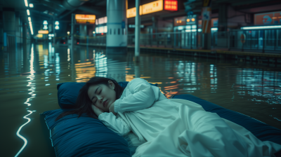 Dreamlike Japanese woman sleeping in flooded train station