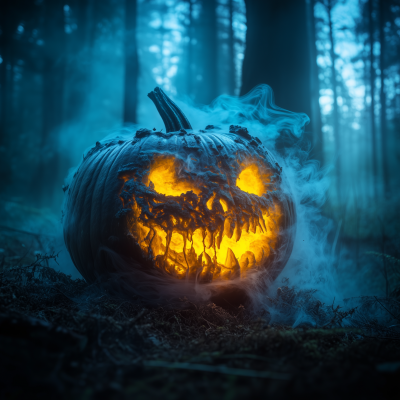 Spooky Halloween Pumpkin in Dark Forest