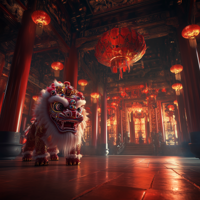 Lion Dance Performance in Temple with Dramatic Lighting