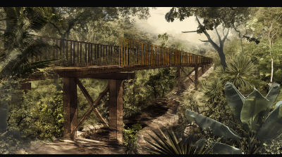 Axonometric wooden bridge in the jungle