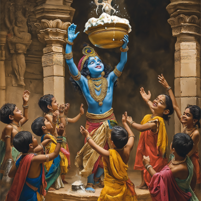 Vibrant Scene of Young Lord Krishna Breaking Butter Pot