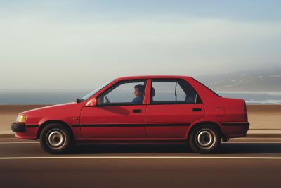 Vintage sedan driving in the 1990s