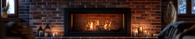 Black framed brick fireplace in a room