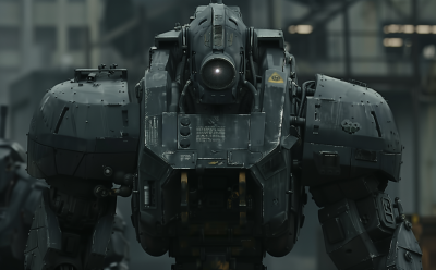 Grey and Black Mech Suit in a Neill Blomkamp Style