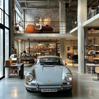 Interior of a Jean Prouve store with vintage Porsche