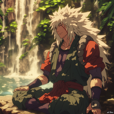 Jiraya Meditating in Front of Waterfall