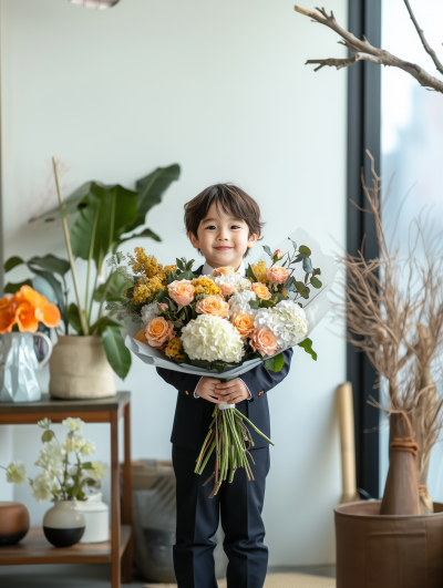 Asian Boy with Bouquet of Flowers