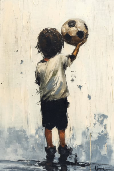 Fine Art Oil Painting Portrait of a Boy Playing with a Classic English Football