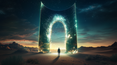 Giant Digital Arch Gate in Arabian Desert at Night