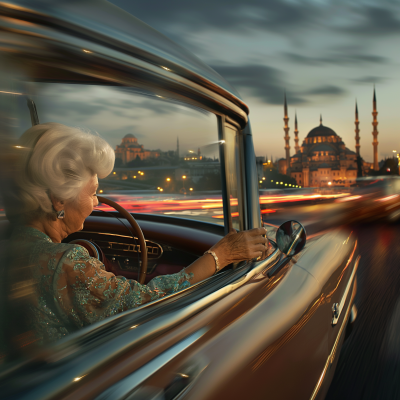 Elderly Woman Driving Vintage Car in Konya