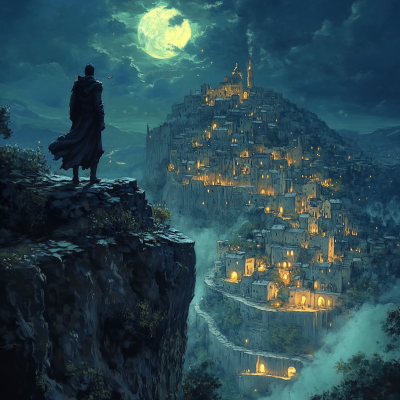 Windy Cliff Overlooking Medieval City at Night