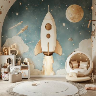 Kids Room with Rocket Wallpaper