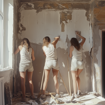 Three women building an interior wall