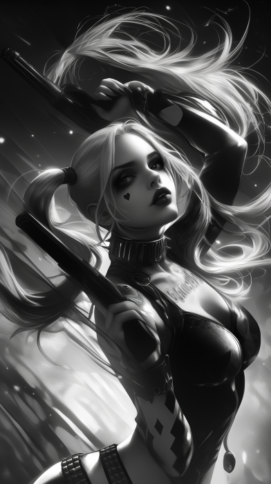 Hyperrealistic Black and White Tattoo Design of Harley Quinn