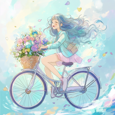 Pastel-colored Anime Girl Riding