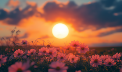 Sunset over Field of Flowers