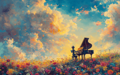 Robot playing piano in a colorful field