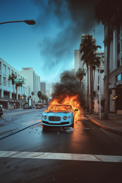 Burning Powder Blue Car in Downtown LA