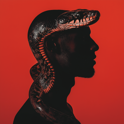 Man-Snake Hybrid Silhouetted on Red Background