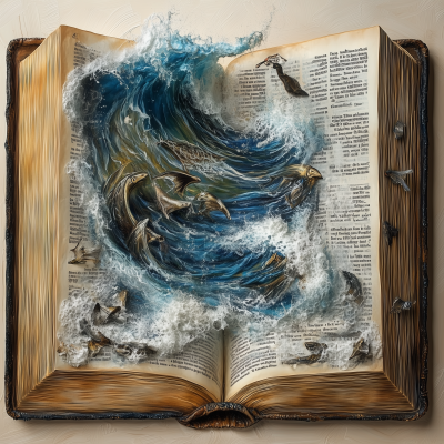 Bible Open with Crashing Waves and Sea Creatures