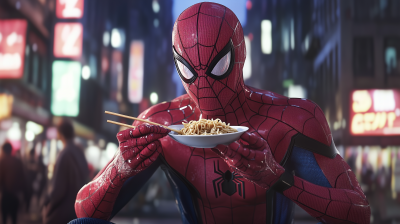 Spiderman enjoying noodles