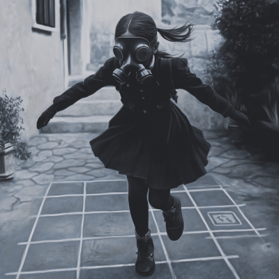 School Girl with Gas Mask Playing Hopscotch