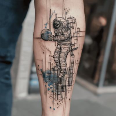 Geometric fine line tattoo of giant astronaut holding the world