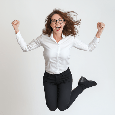 Jumping Woman with Glasses