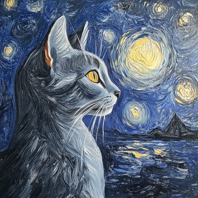 Grey Cat Portrait in Van Gogh Style