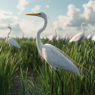 Egret in Lush Rice Field