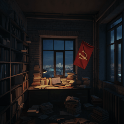 Night Student in Old Room with Soviet Flag